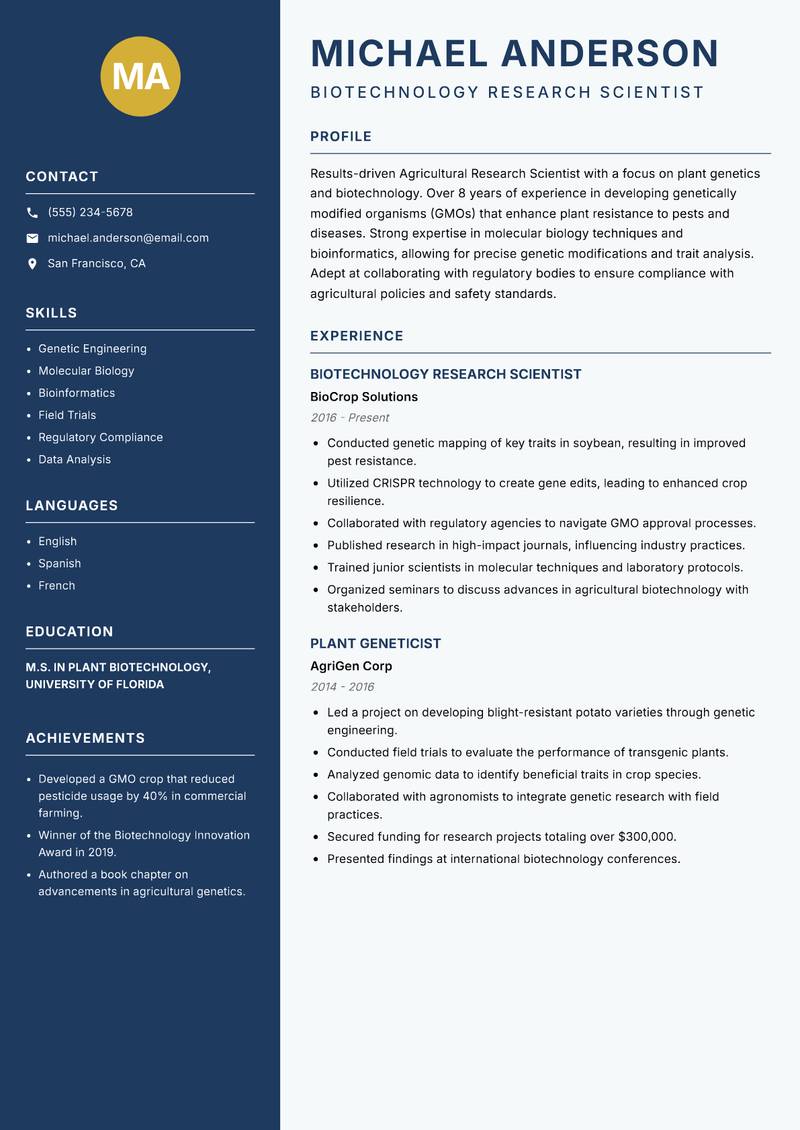 Agricultural Research Scientist resume template — Classic Clean