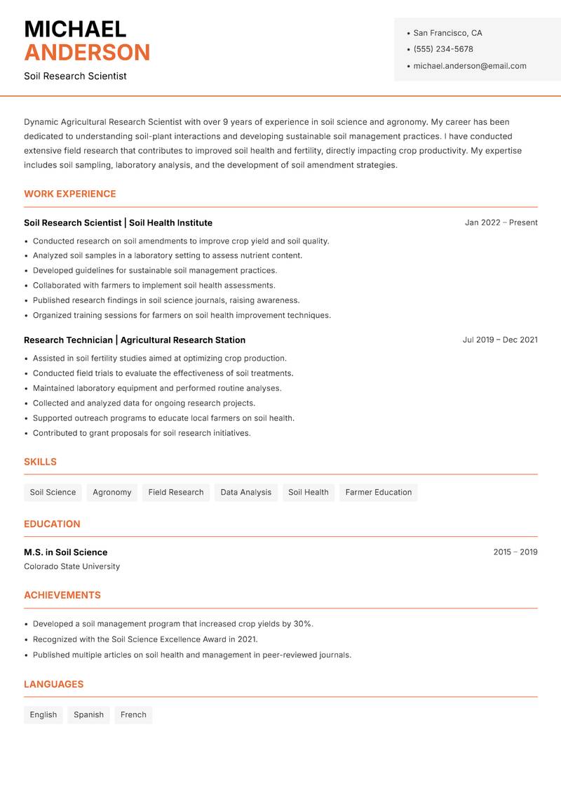 Agricultural Research Scientist resume template — Modern Professional