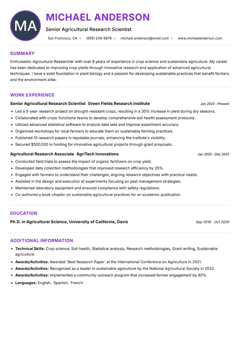 Agricultural Researcher resume example — ATS-friendly template