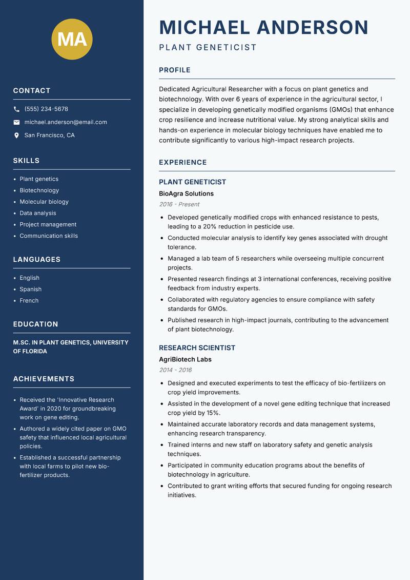 Agricultural Researcher resume template — Classic Clean