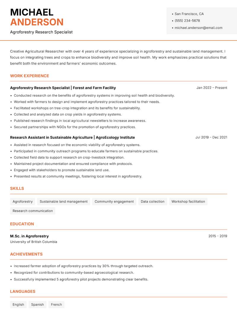 Agricultural Researcher resume template — Modern Professional