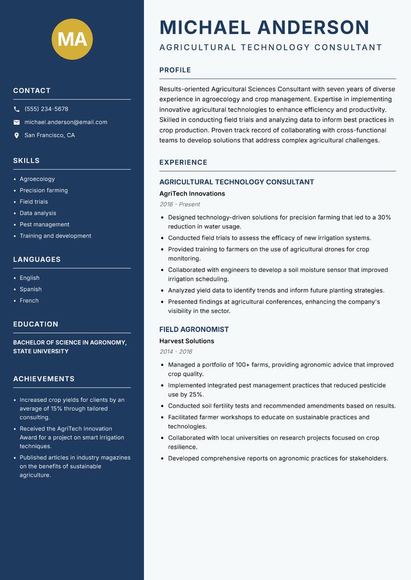 Agricultural Sciences Consultant resume template — Classic Clean
