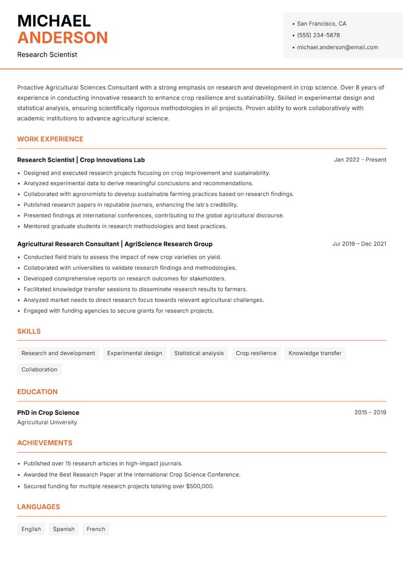 Agricultural Sciences Consultant resume template — Modern Professional