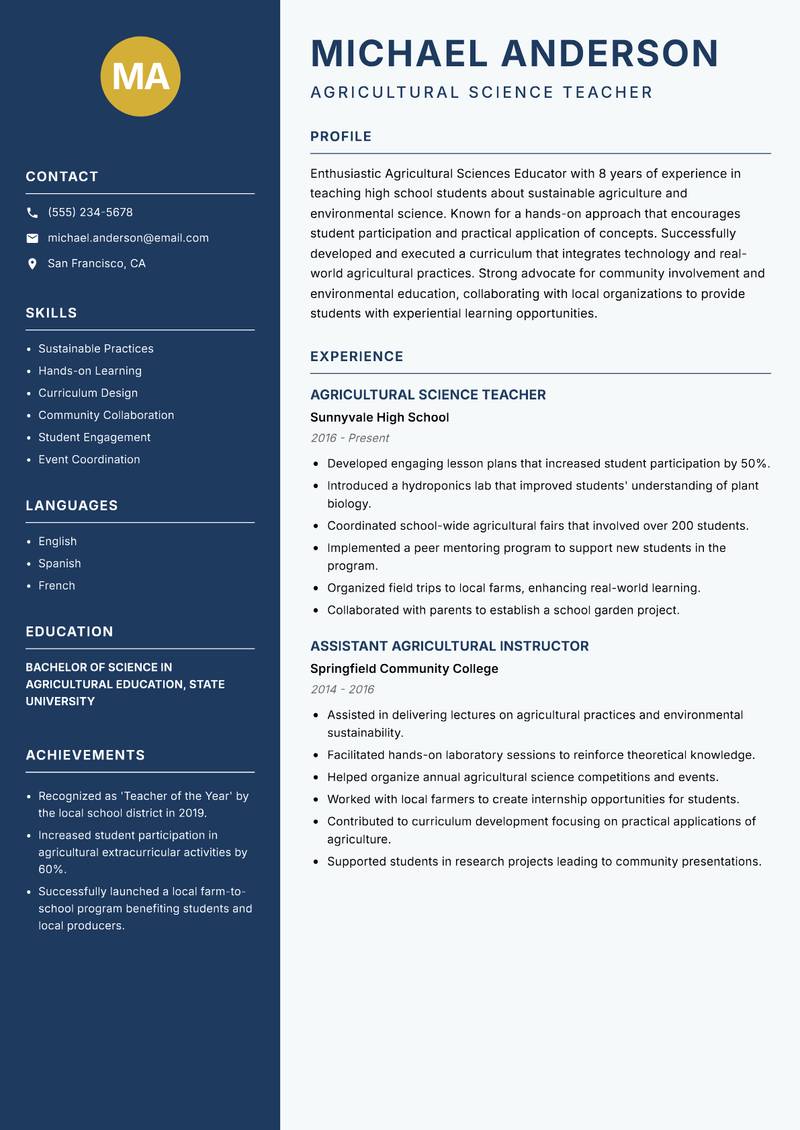 Agricultural Sciences Educator resume template — Classic Clean