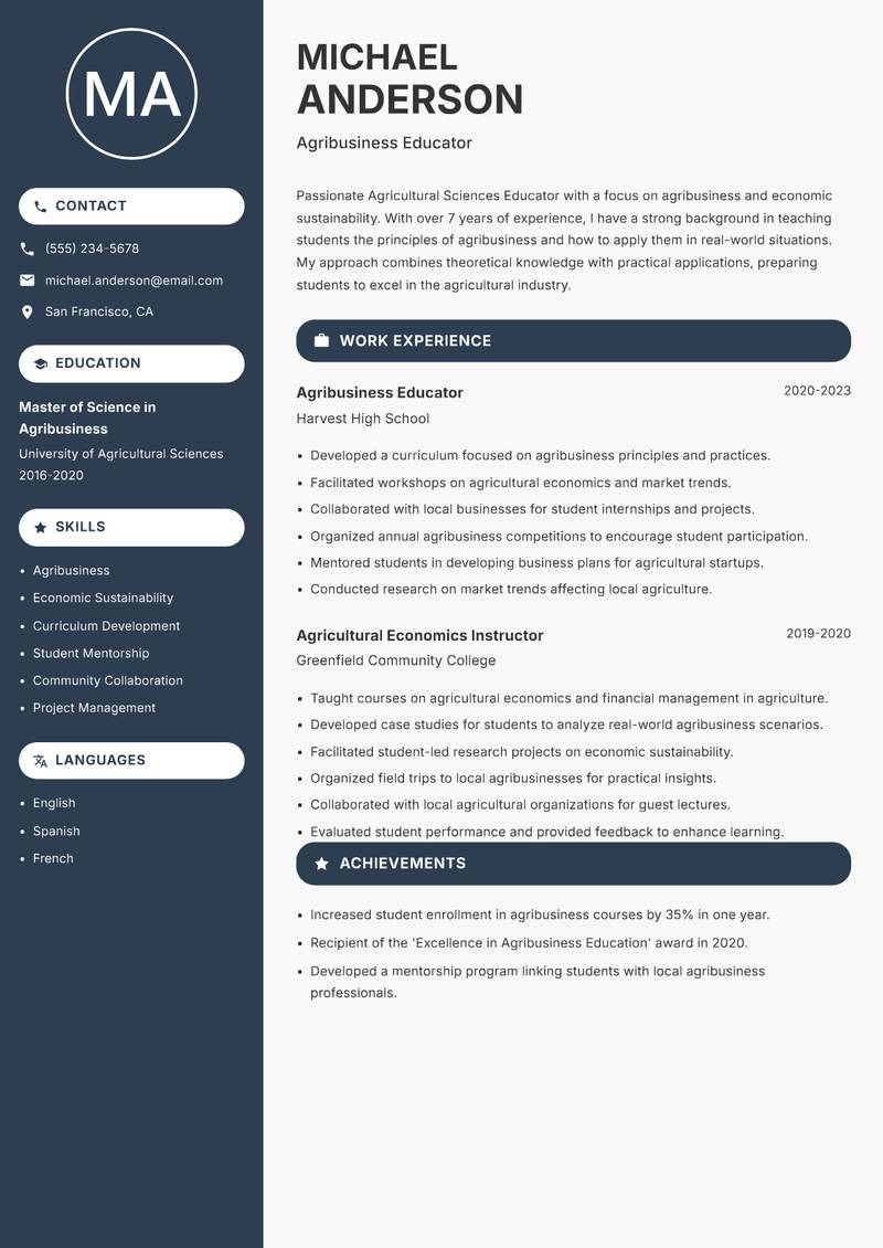 Agricultural Sciences Educator resume template — Compact