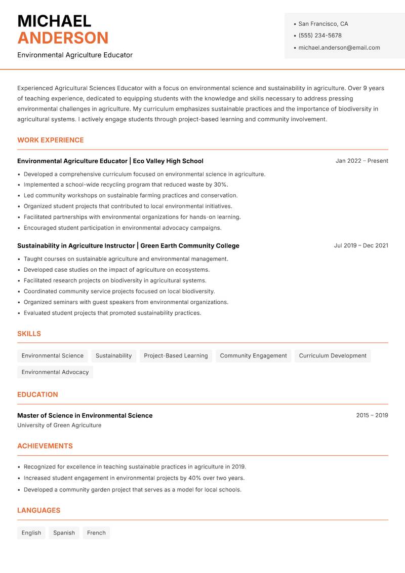 Agricultural Sciences Educator resume template — Modern Professional