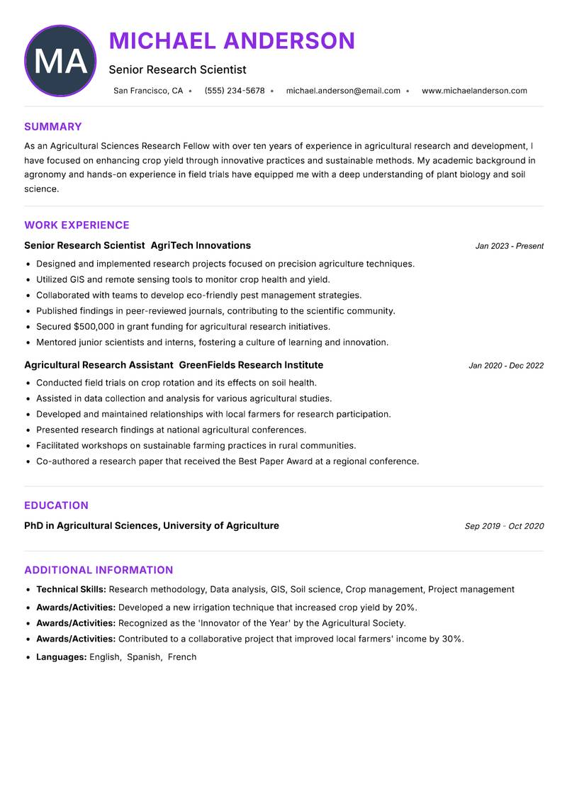 Agricultural Sciences Research Fellow resume example — ATS-friendly template