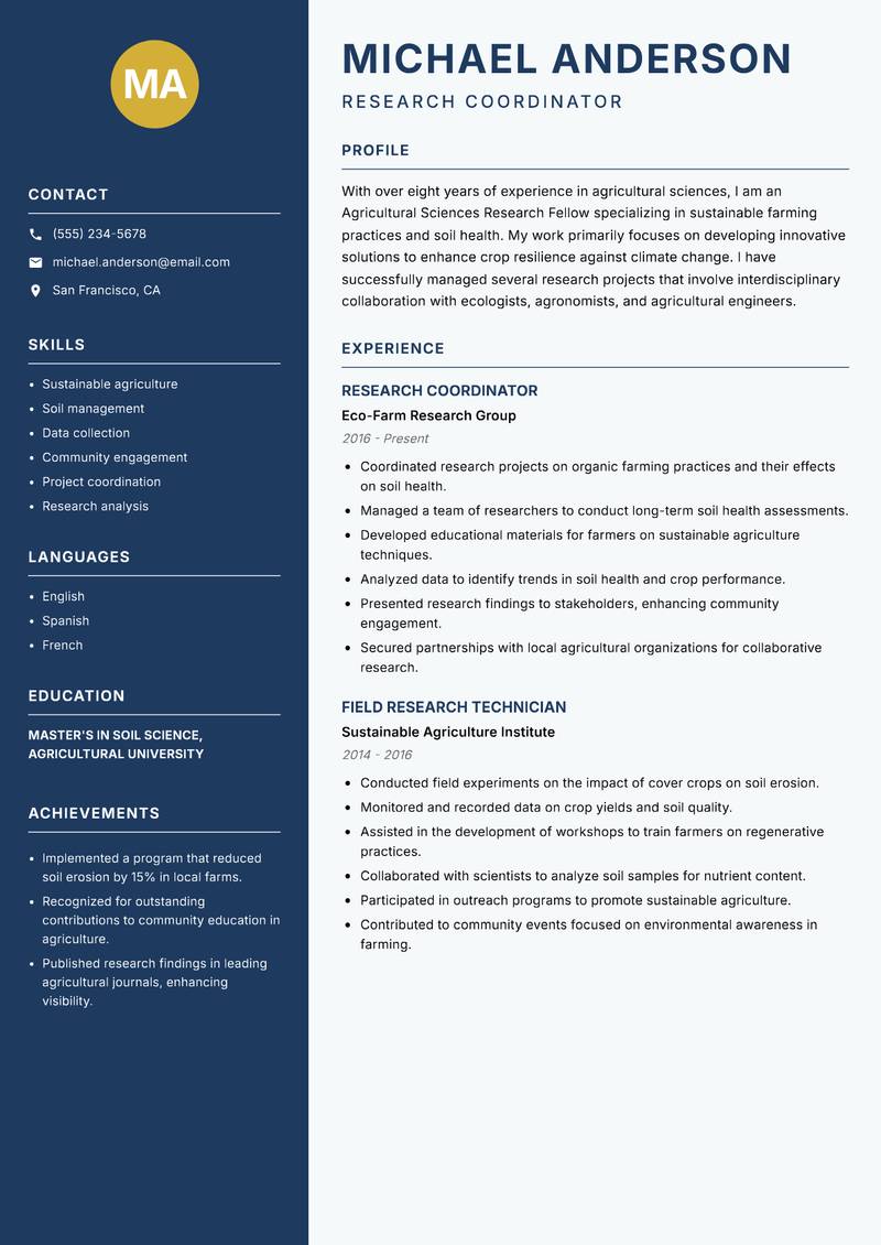 Agricultural Sciences Research Fellow resume template — Classic Clean