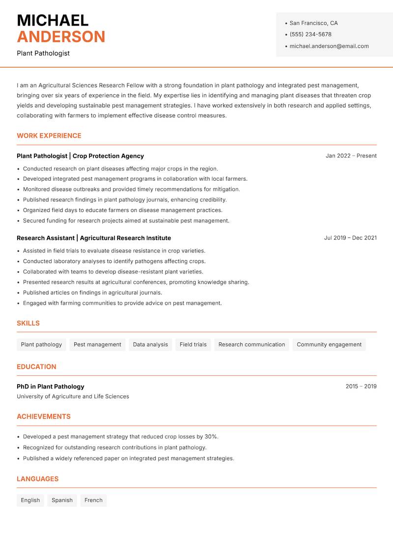 Agricultural Sciences Research Fellow resume template — Modern Professional