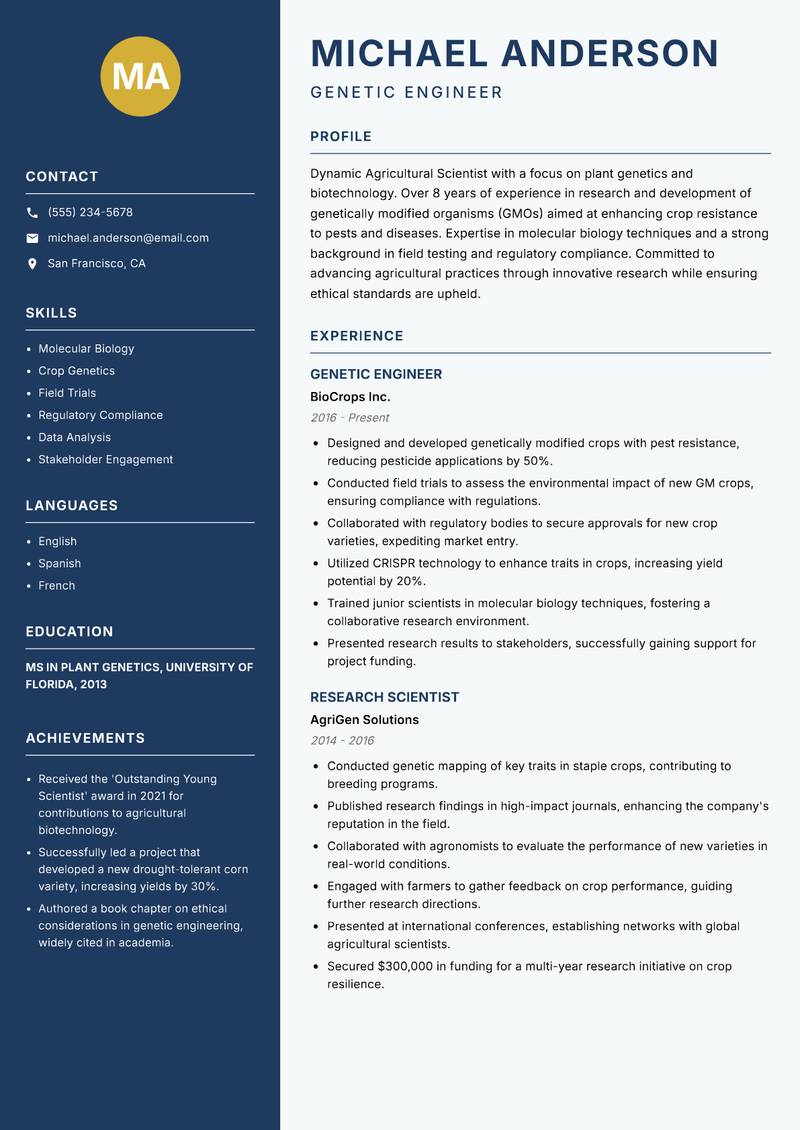 Agricultural Scientist resume template — Classic Clean