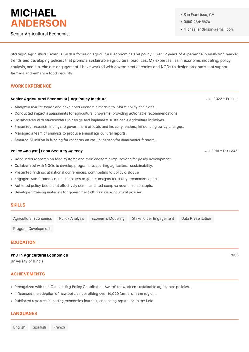 Agricultural Scientist resume template — Modern Professional