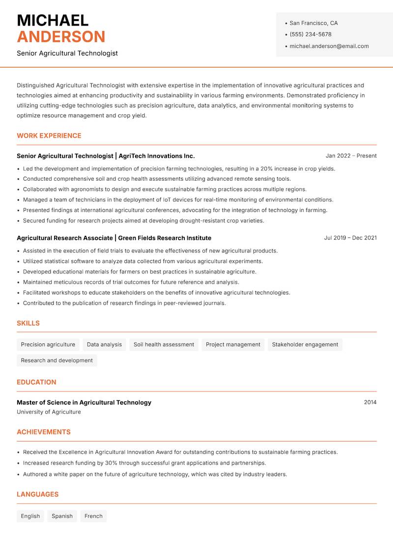 Agricultural Technologist resume template — Modern Professional