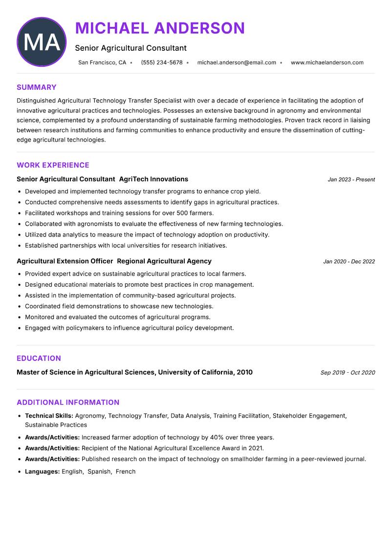 Agricultural Technology Transfer Specialist resume example — ATS-friendly template