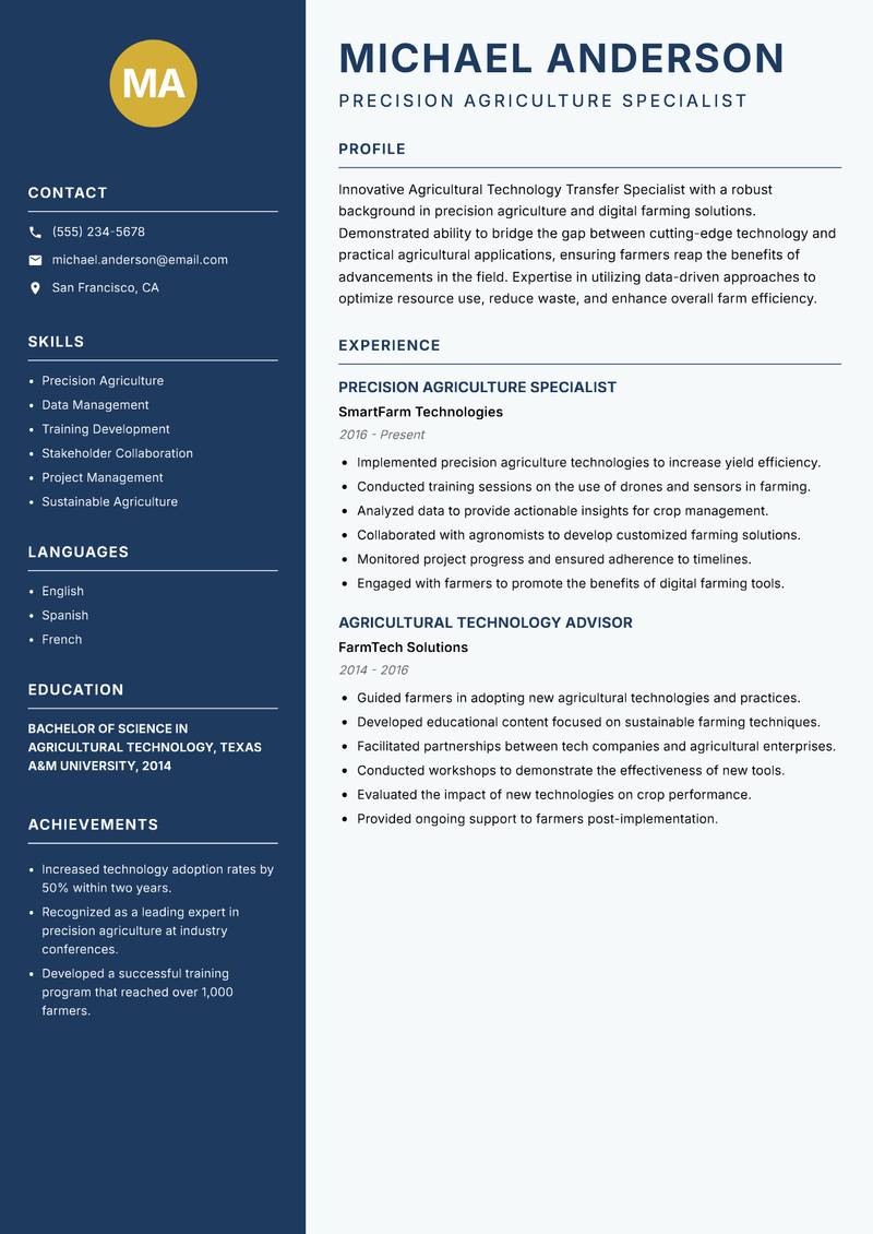Agricultural Technology Transfer Specialist resume template — Classic Clean