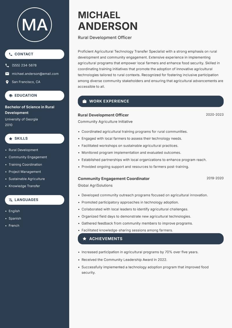 Agricultural Technology Transfer Specialist resume template — Compact