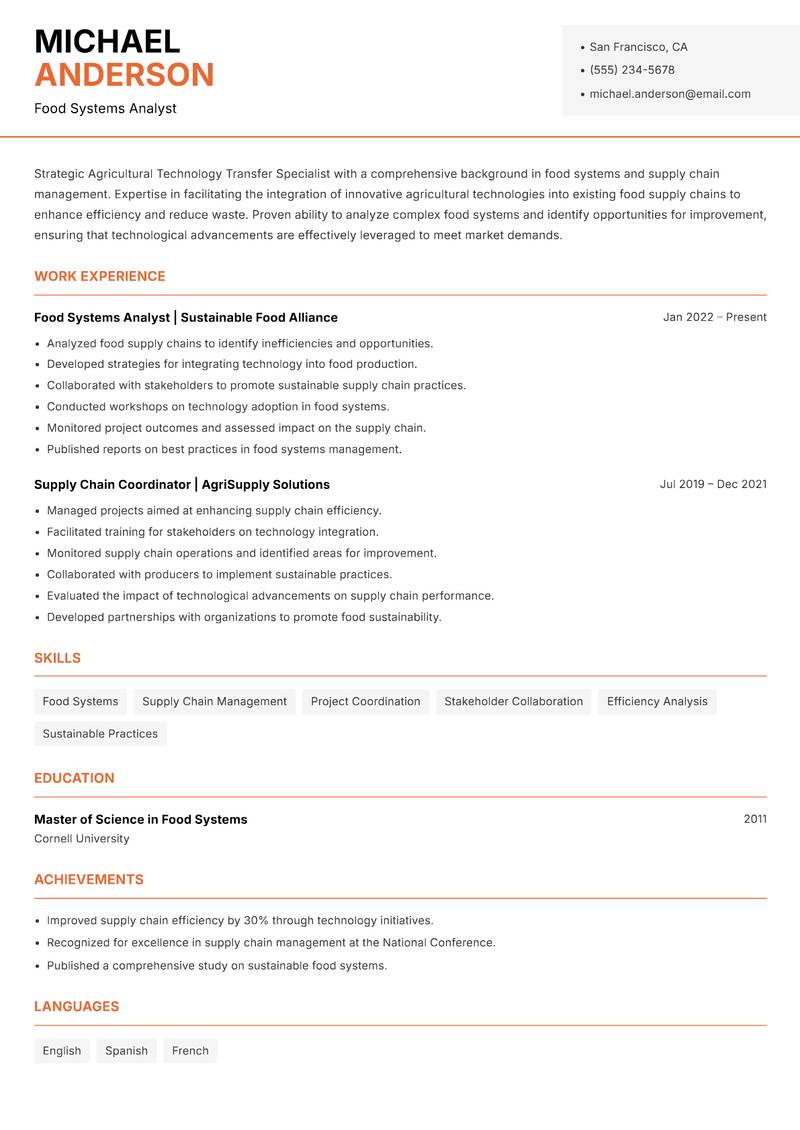 Agricultural Technology Transfer Specialist resume template — Modern Professional