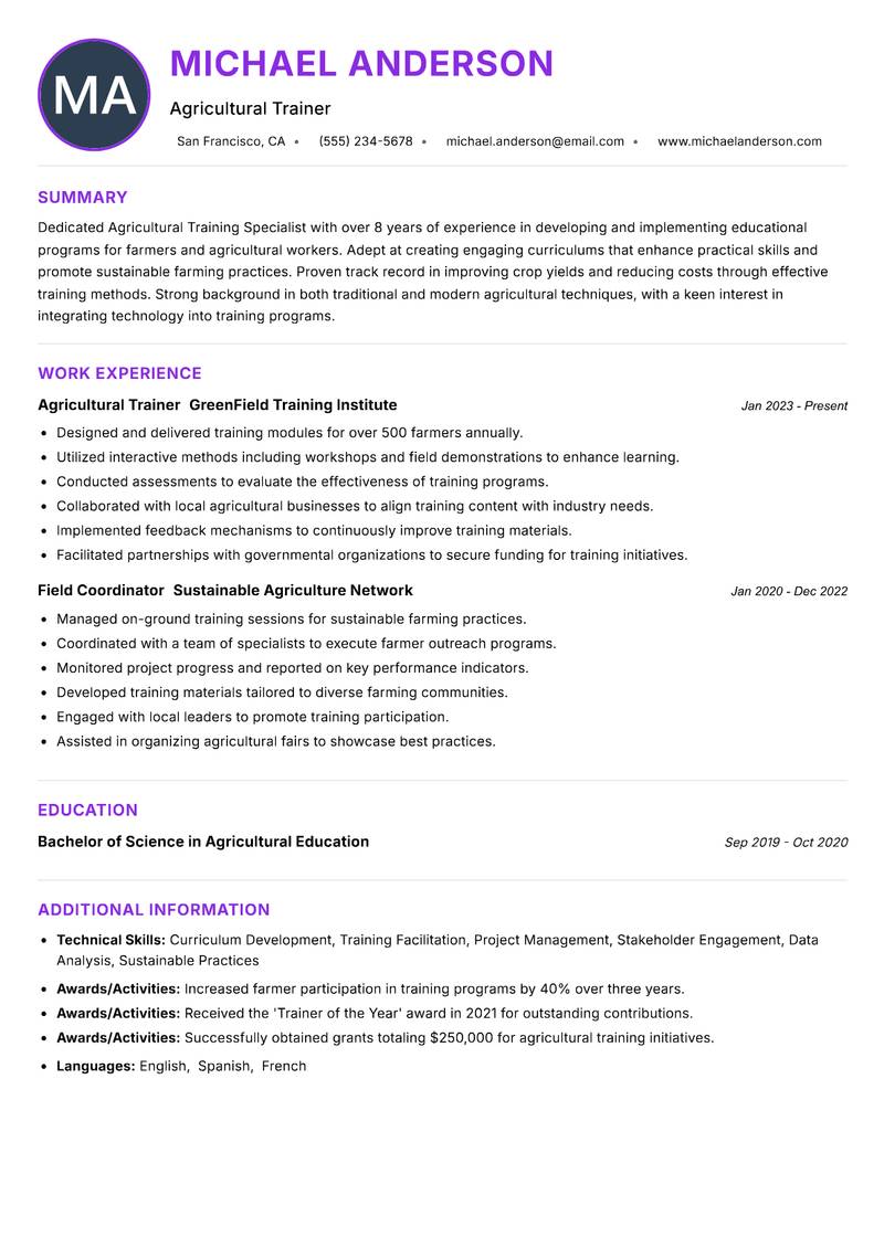 Agricultural Training Specialist resume example — ATS-friendly template