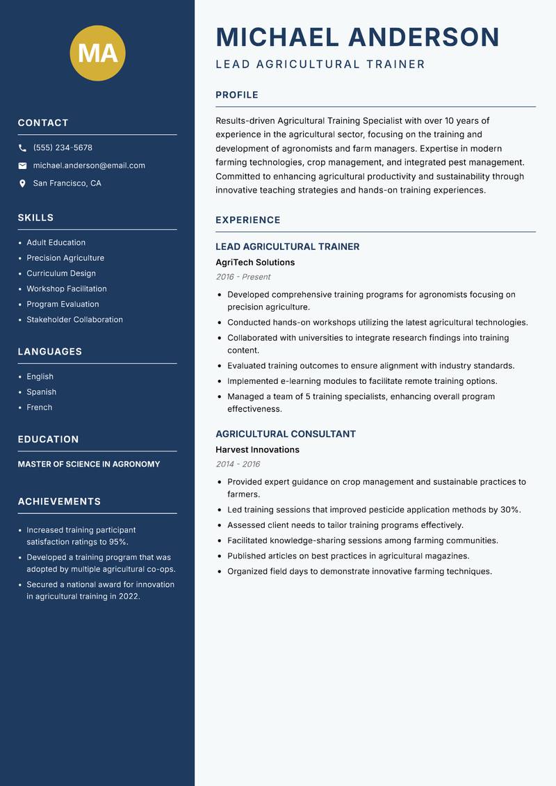 Agricultural Training Specialist resume template — Classic Clean