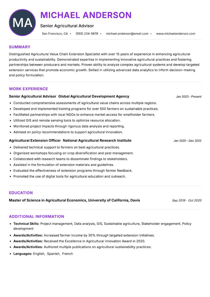 Agricultural Value Chain Extension Specialist resume example — ATS-friendly template