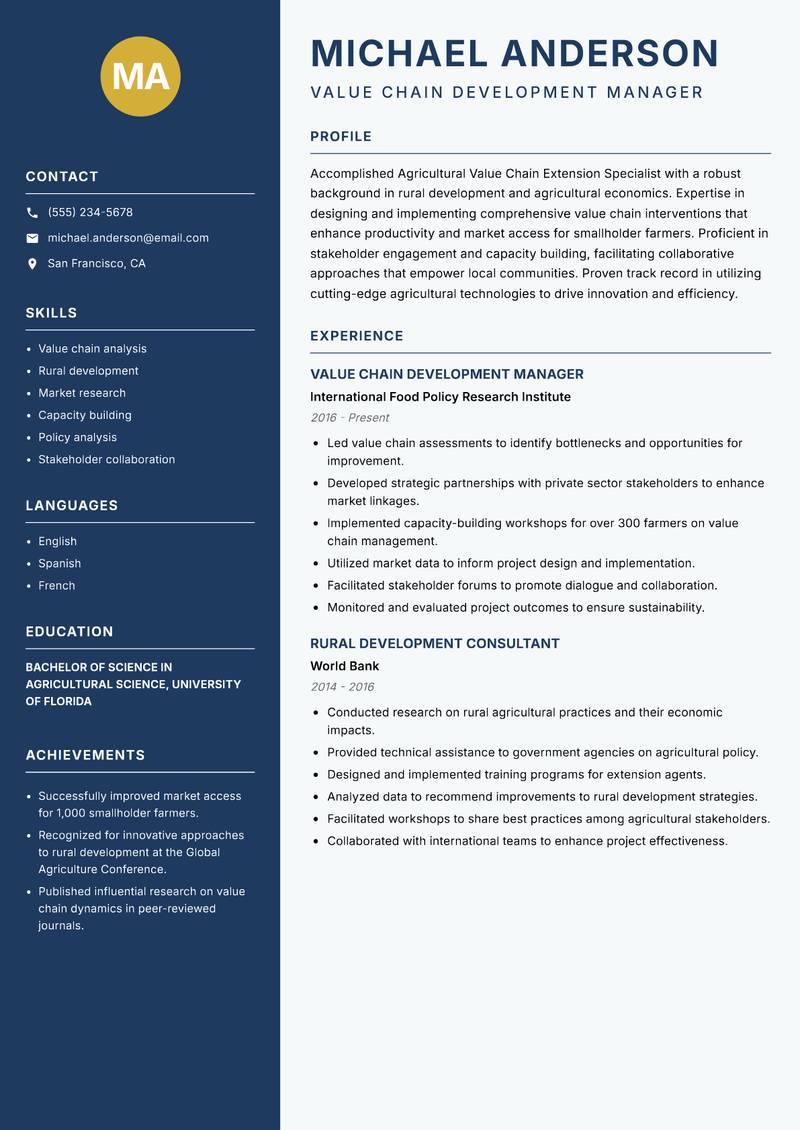 Agricultural Value Chain Extension Specialist resume template — Classic Clean