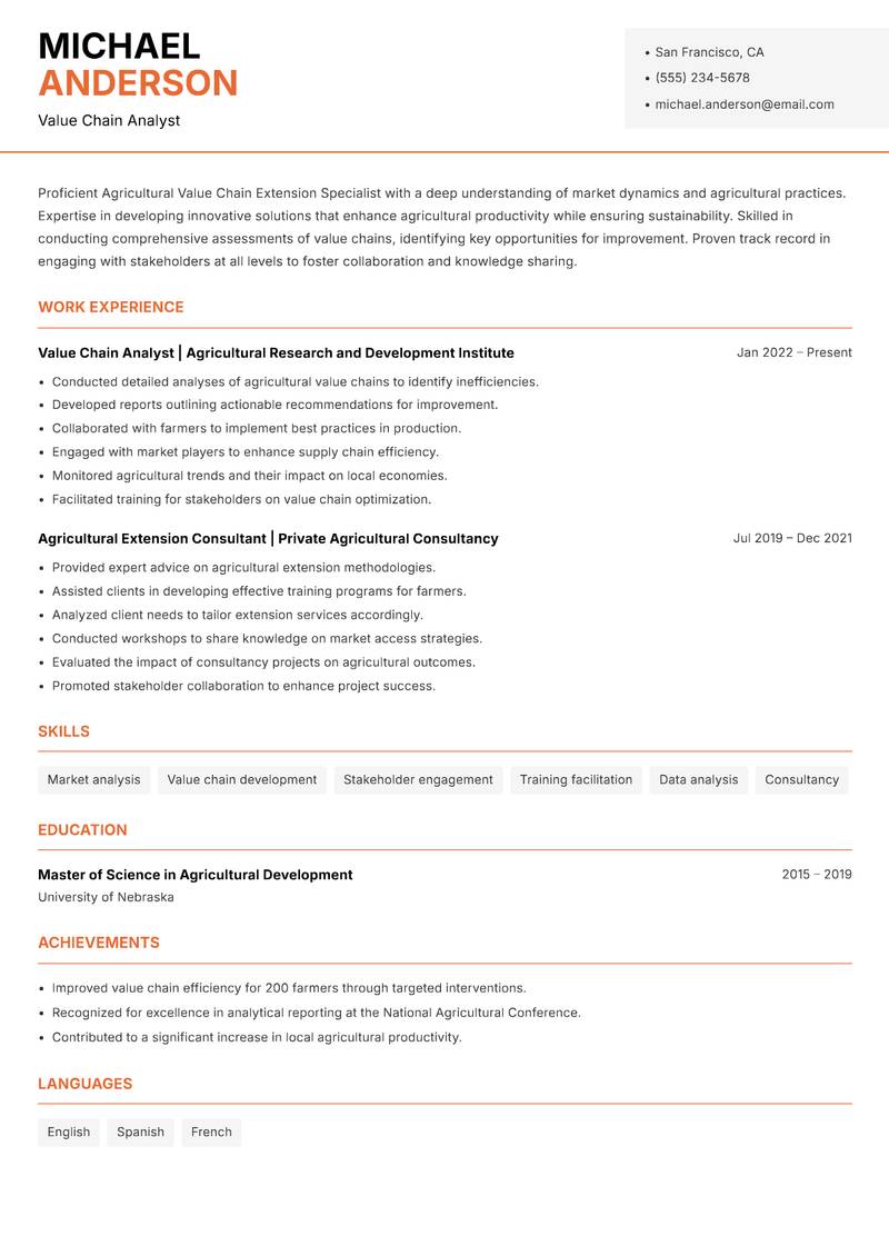 Agricultural Value Chain Extension Specialist resume template — Modern Professional