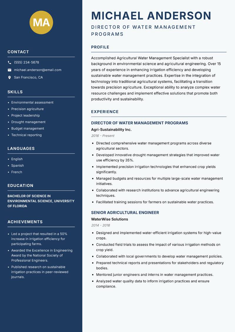 Agricultural Water Management Specialist resume template — Classic Clean