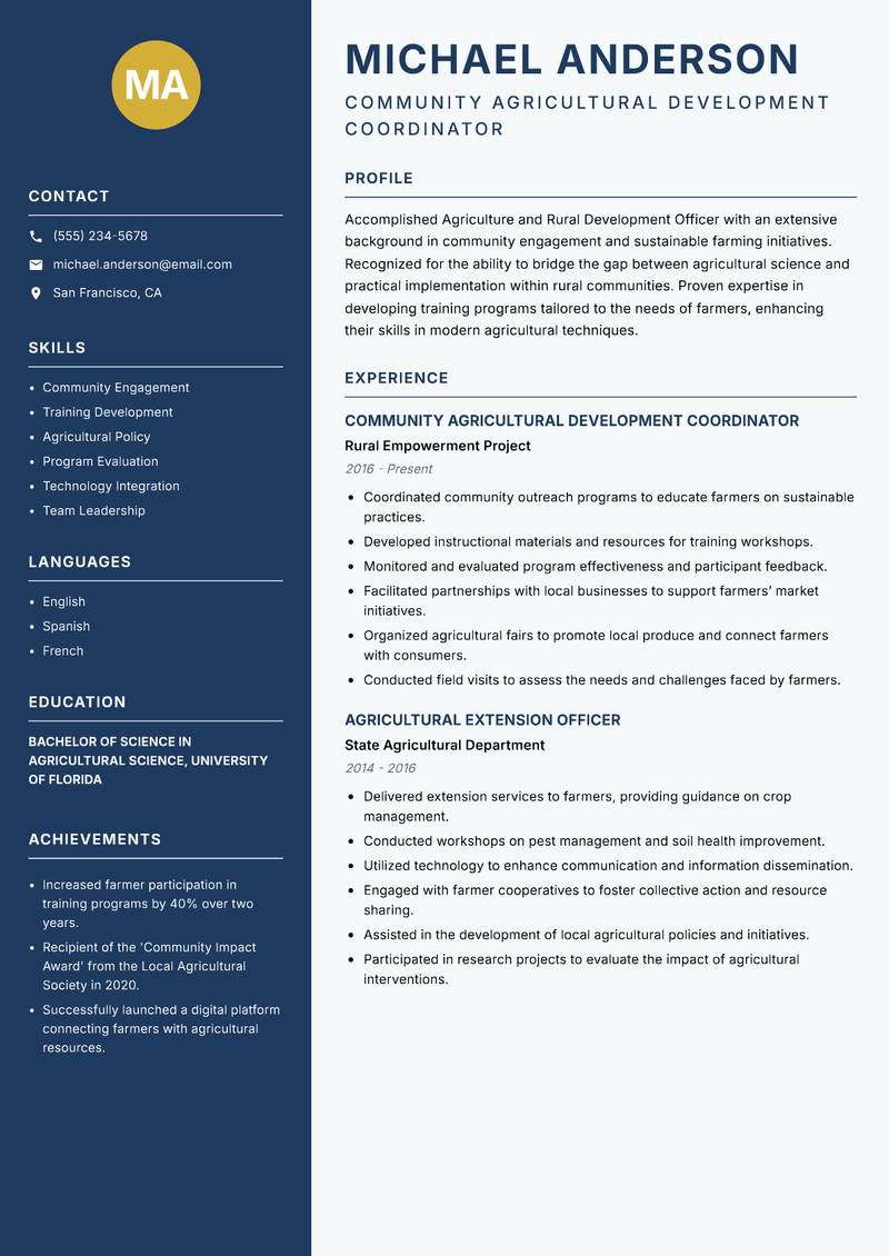 Agriculture and Rural Development Officer resume template — Classic Clean