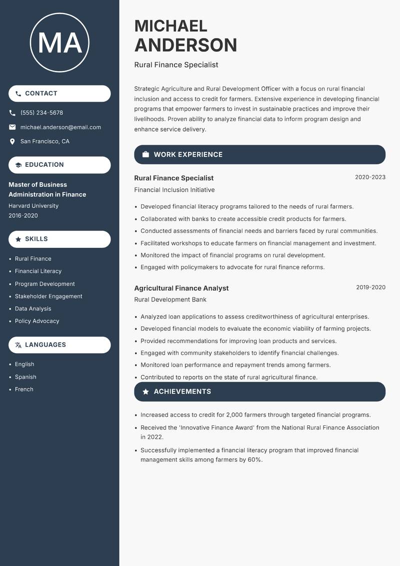 Agriculture and Rural Development Officer resume template — Compact