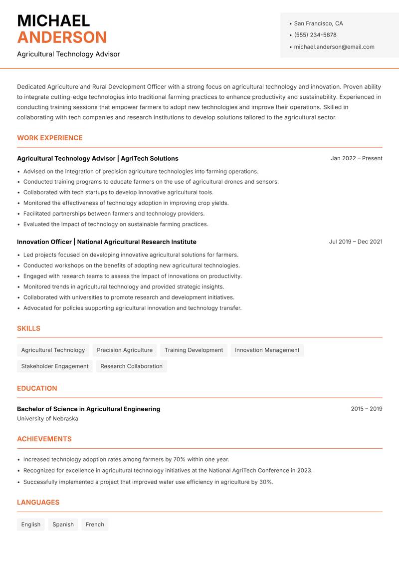 Agriculture and Rural Development Officer resume template — Modern Professional