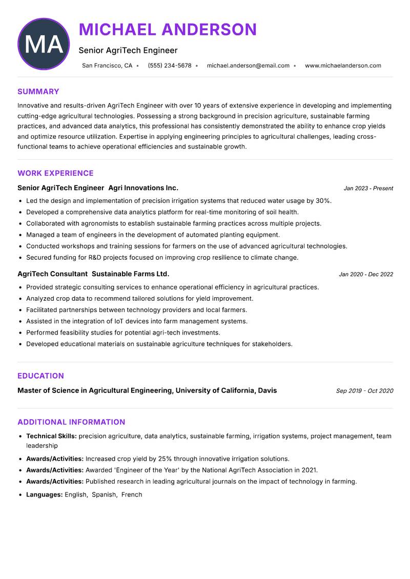 AgriTech Engineer resume example — ATS-friendly template