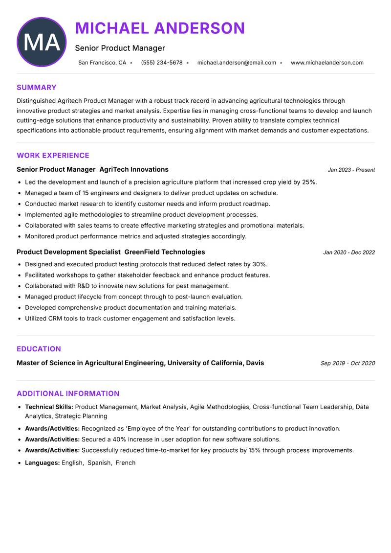 Agritech Product Manager resume example — ATS-friendly template