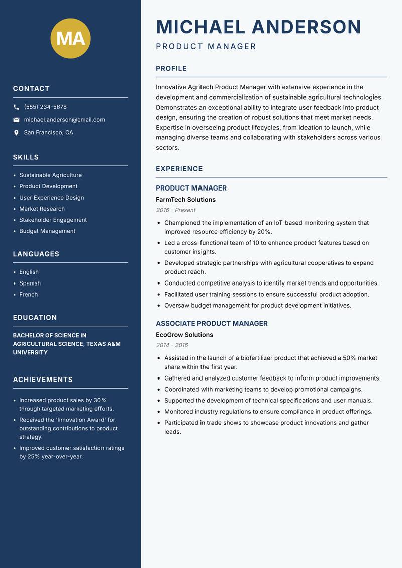 Agritech Product Manager resume template — Classic Clean