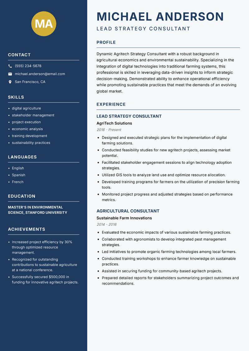 Agritech Strategy Consultant resume template — Classic Clean