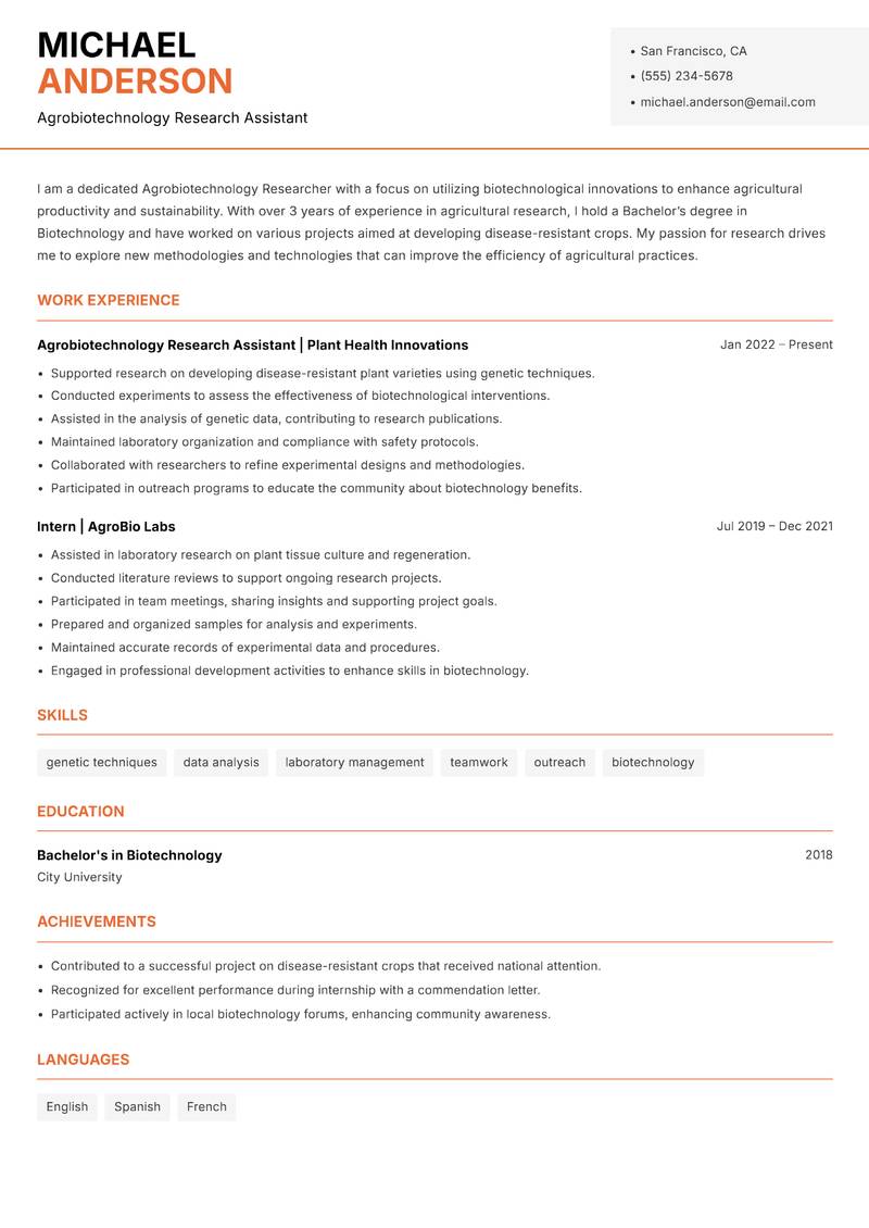 Agrobiotechnology Researcher resume template — Modern Professional