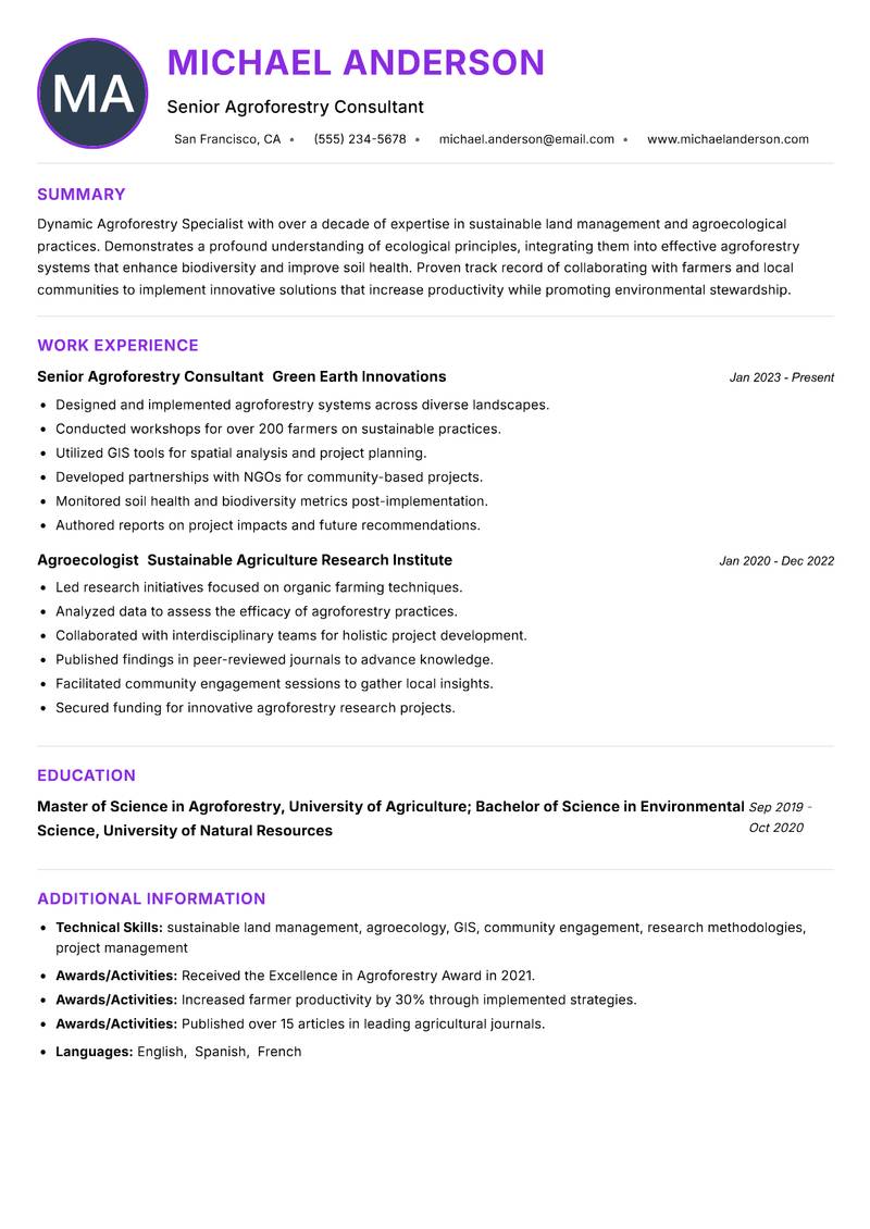 Agroforestry Specialist resume example — ATS-friendly template