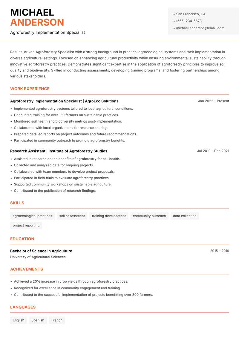 Agroforestry Specialist resume template — Modern Professional
