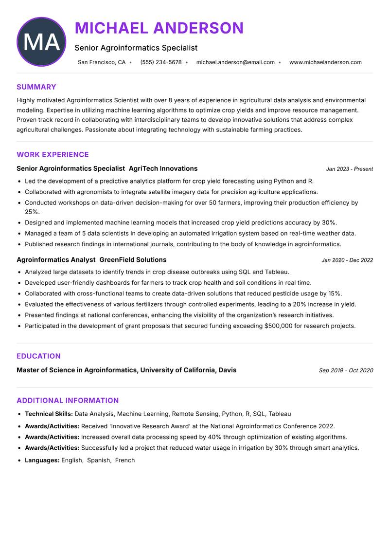 Agroinformatics Scientist resume example — ATS-friendly template