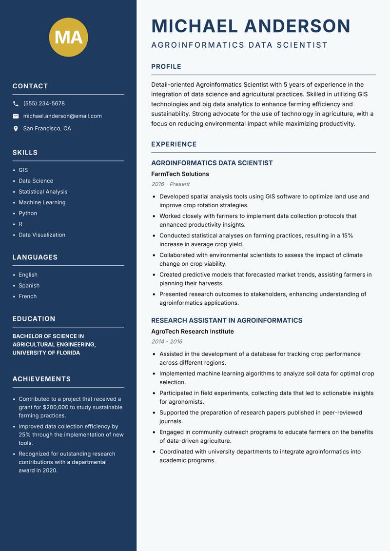 Agroinformatics Scientist resume template — Classic Clean