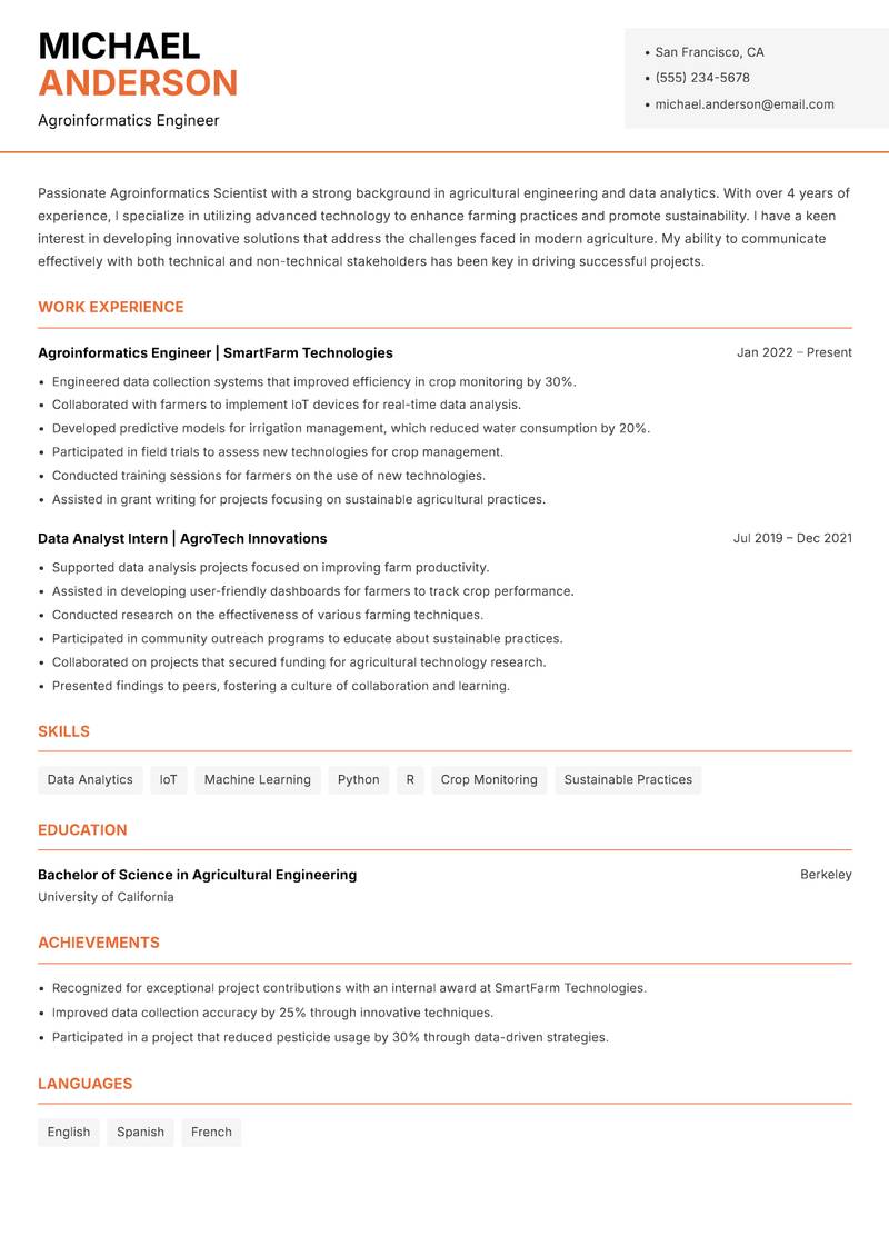 Agroinformatics Scientist resume template — Modern Professional