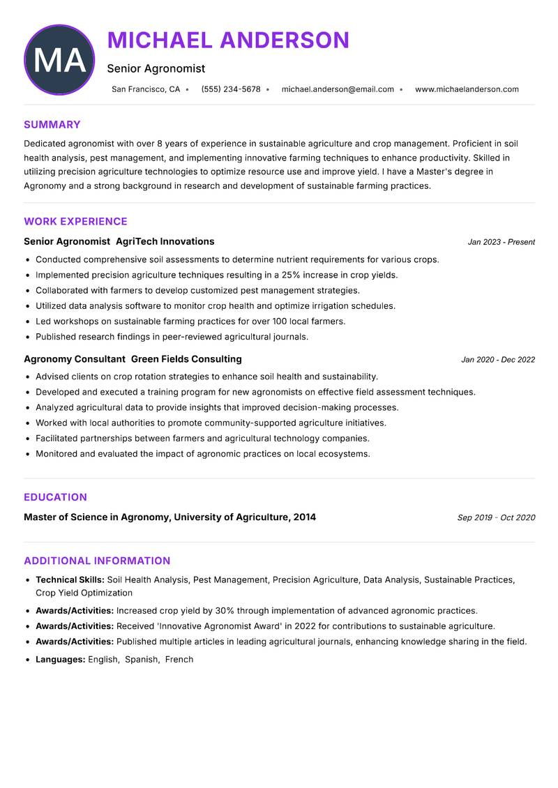 Agronomist resume example — ATS-friendly template