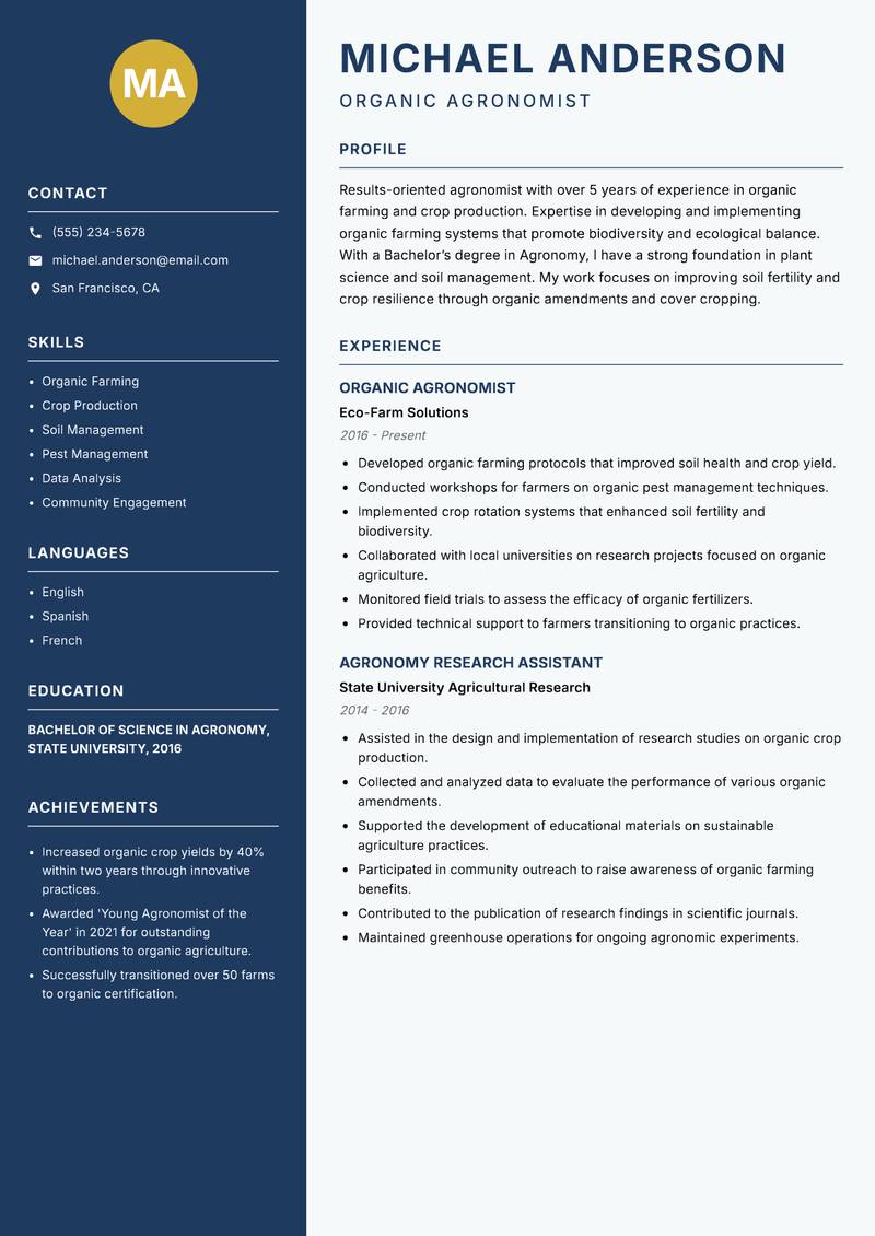 Agronomist resume template — Classic Clean