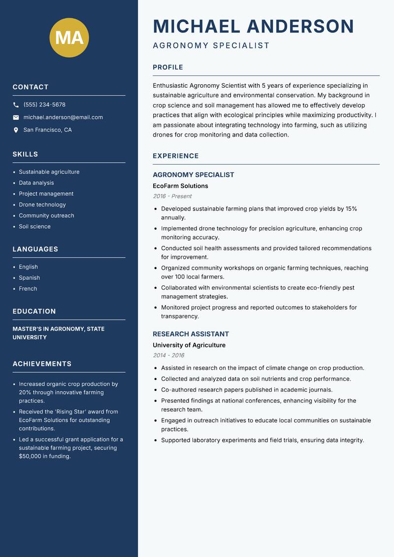 Agronomy Scientist resume template — Classic Clean
