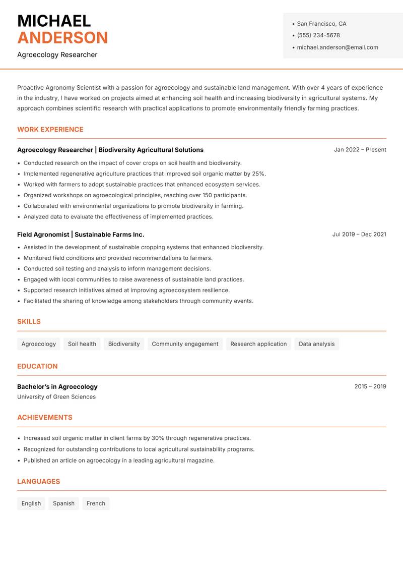 Agronomy Scientist resume template — Modern Professional