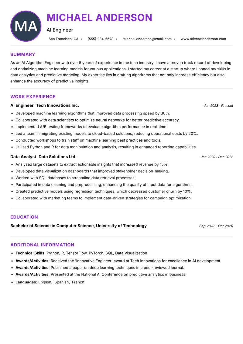 AI Algorithm Engineer resume example — Artificial Intelligence