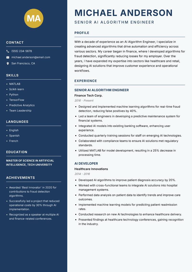 AI Algorithm Engineer resume template — Classic Clean