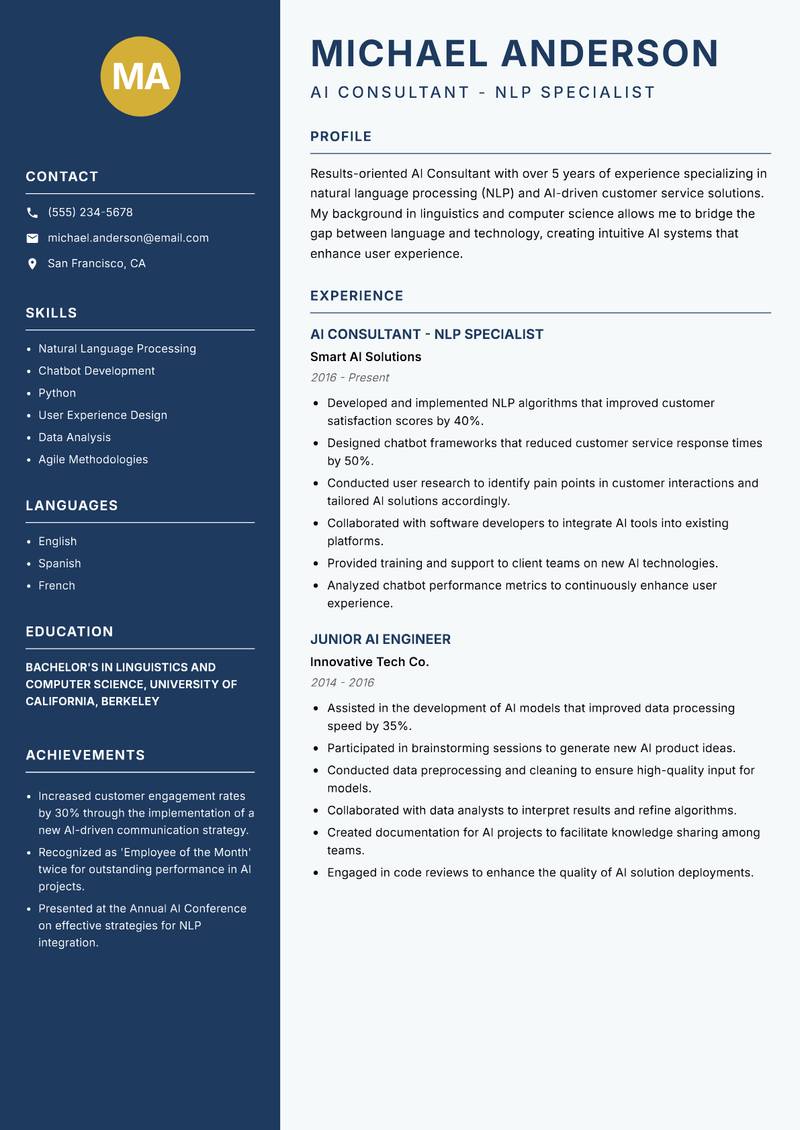 AI Consultant resume template — Classic Clean