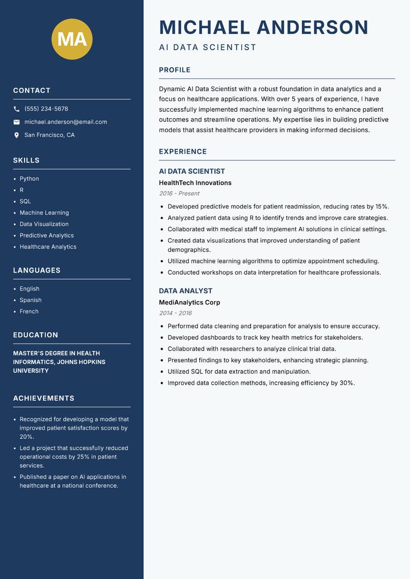 AI Data Scientist resume template — Classic Clean