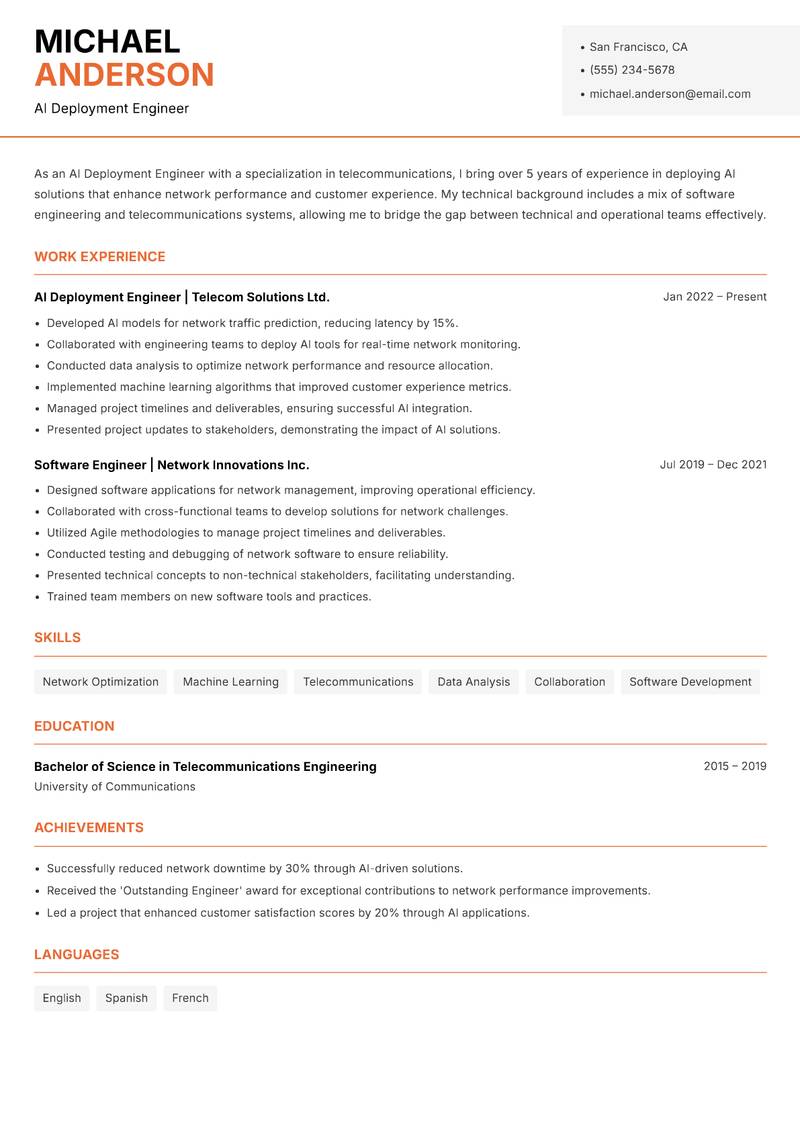 AI Deployment Engineer resume template — Modern Professional