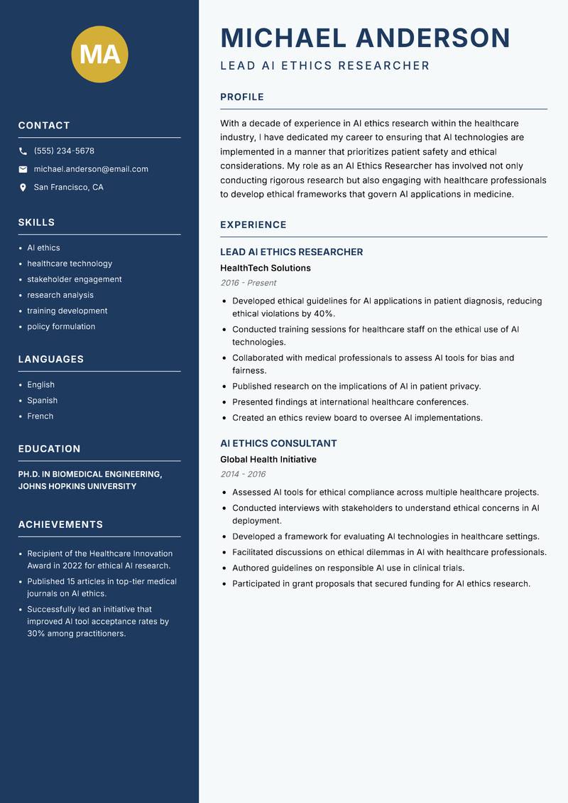 AI Ethics Researcher resume template — Classic Clean