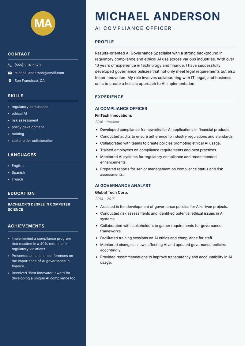 AI Governance Specialist resume template — Classic Clean